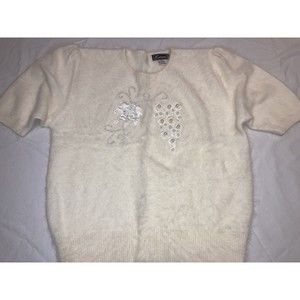 VTG 80s Keomi Size M Angora Ivory Beaded Pull Over Sweater Puff Sleeve